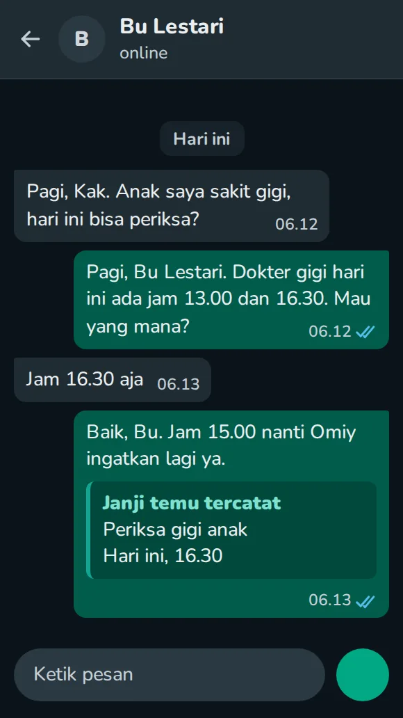 Percakapan demo: pasien menanyakan jadwal dokter gigi dan Omiy mencatat janji temu.