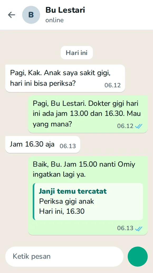 Percakapan demo: pasien menanyakan jadwal dokter gigi dan Omiy mencatat janji temu.