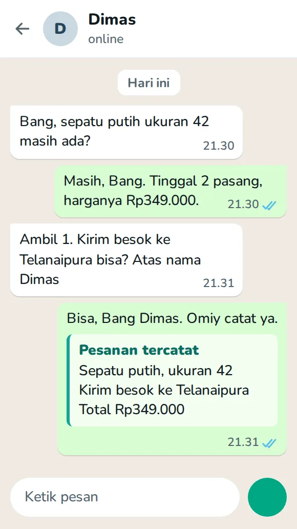 Percakapan demo: pembeli menanyakan stok sepatu dan Omiy membuat pesanan.